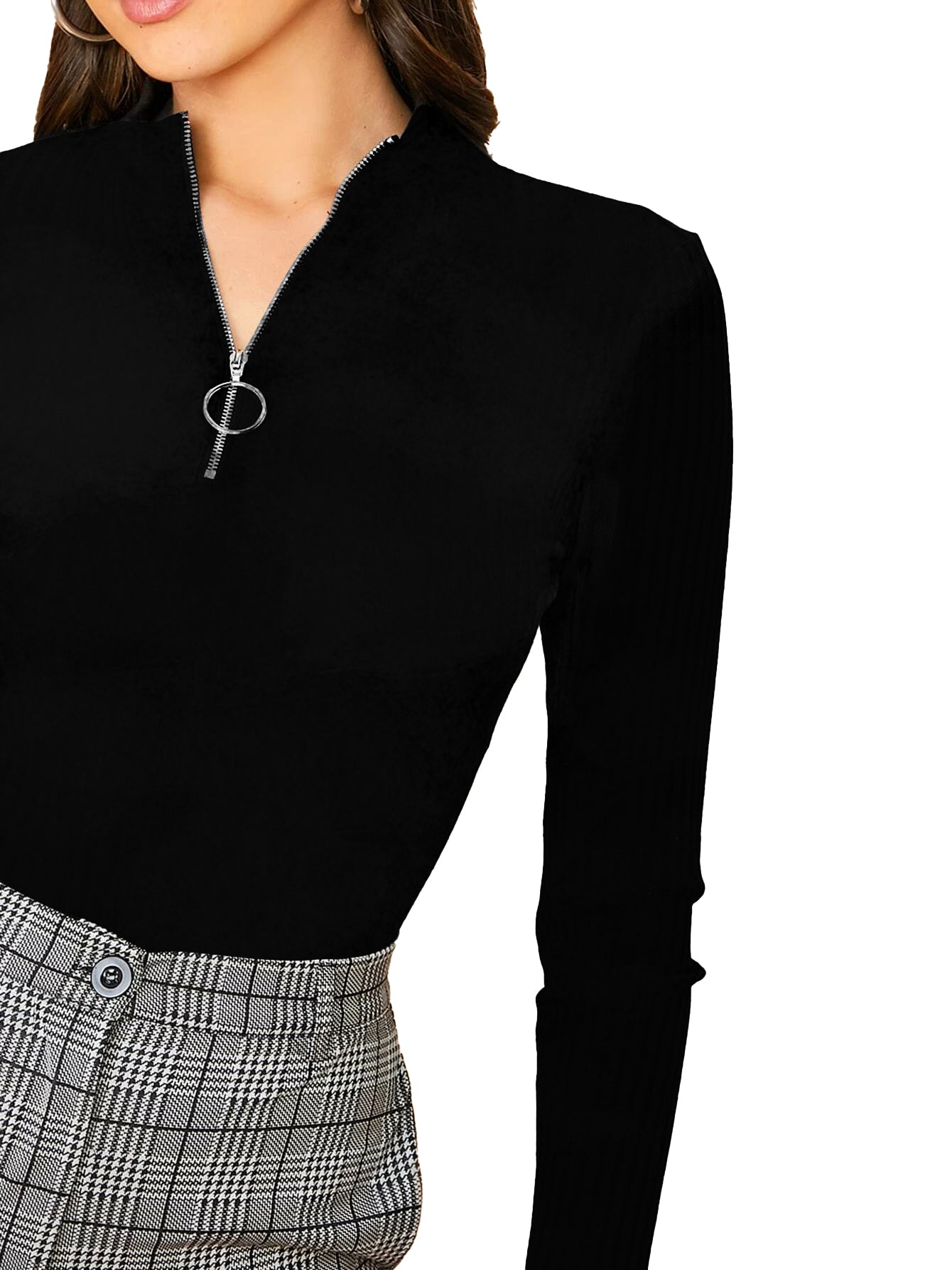 Women's Mock Neck Zip Top | Black | Full Sleeves