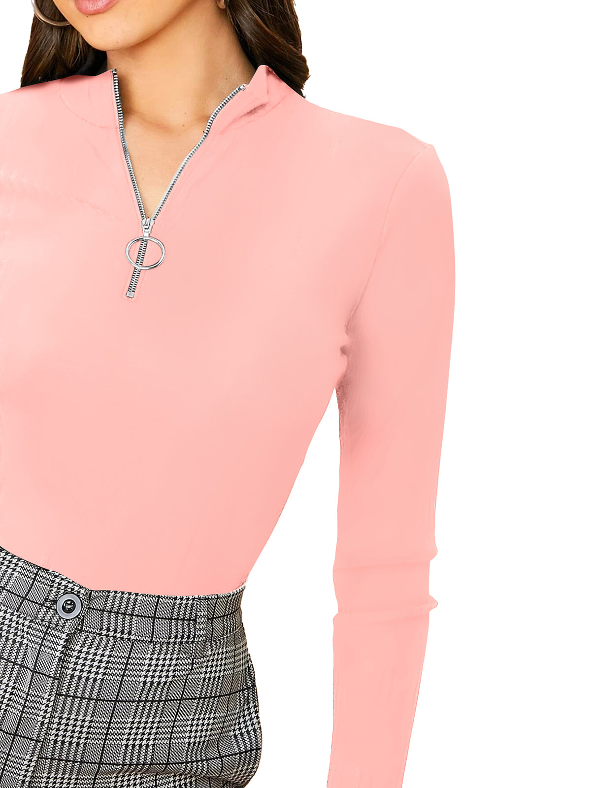 Women's Mock Neck Zip Top | Peach | Full Sleeves