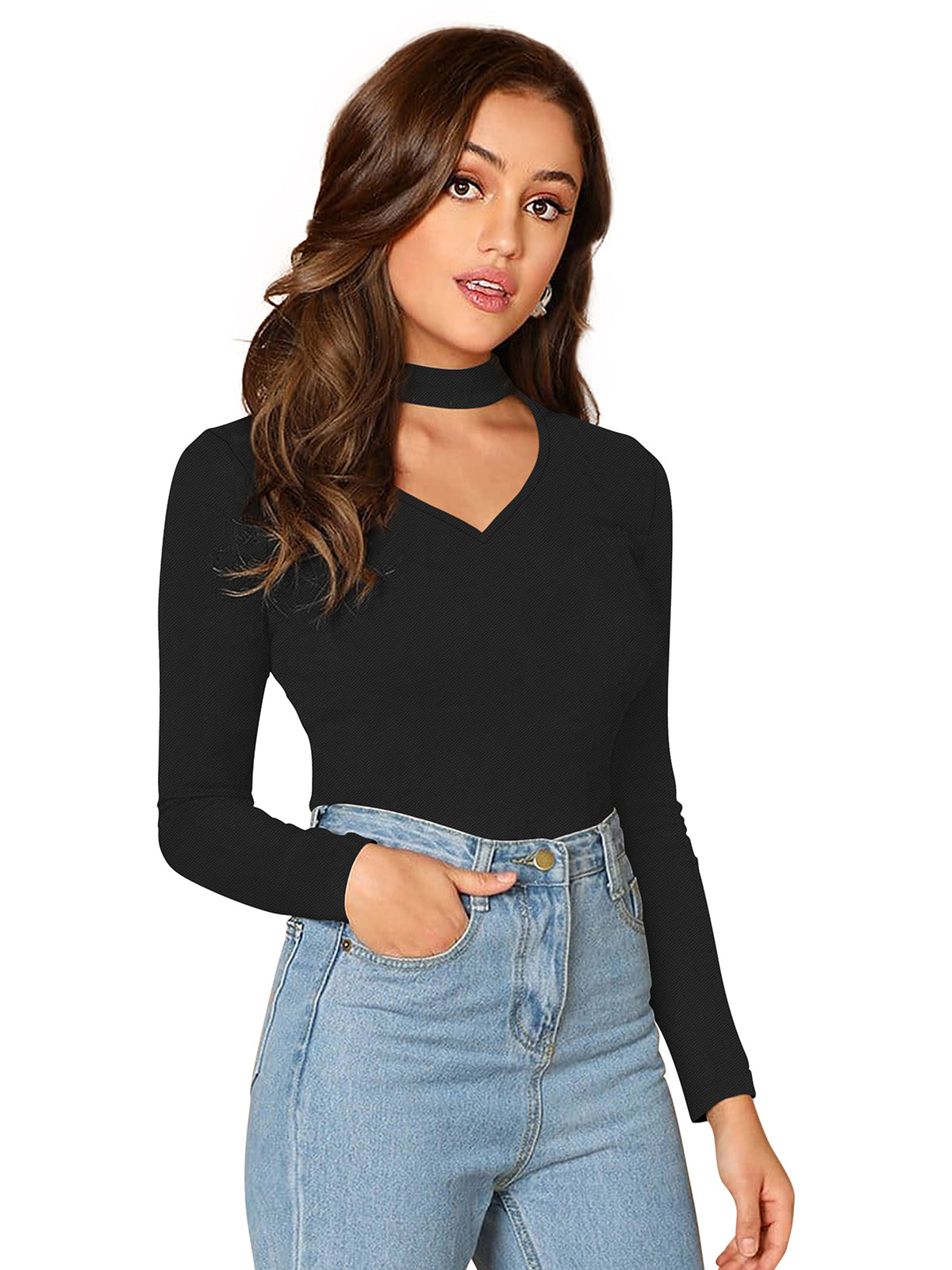 Full Sleeves Choker Neck T-Shirt 5181 - Black