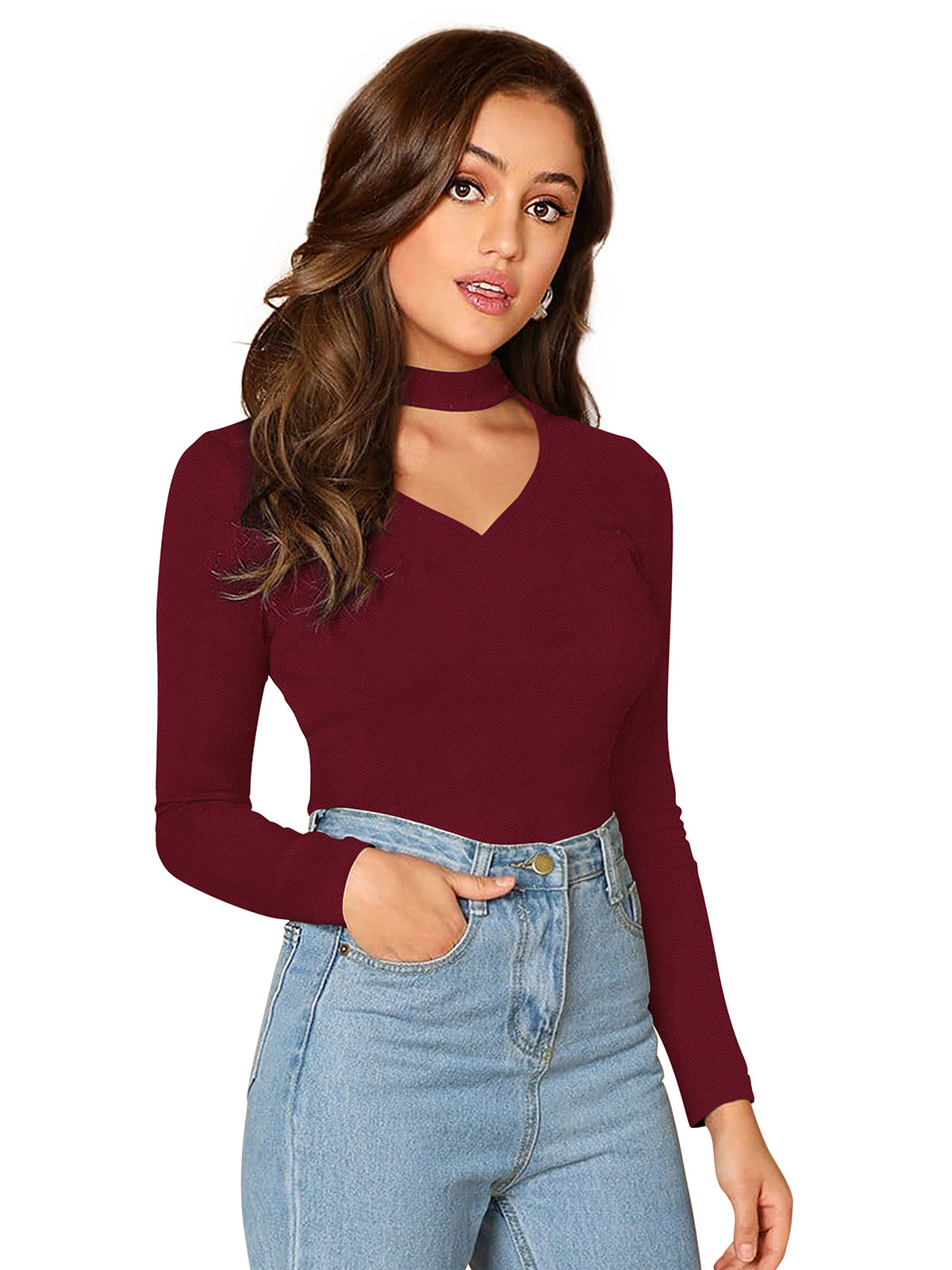 Full Sleeves Choker Neck T-Shirt 5181 - Maroon