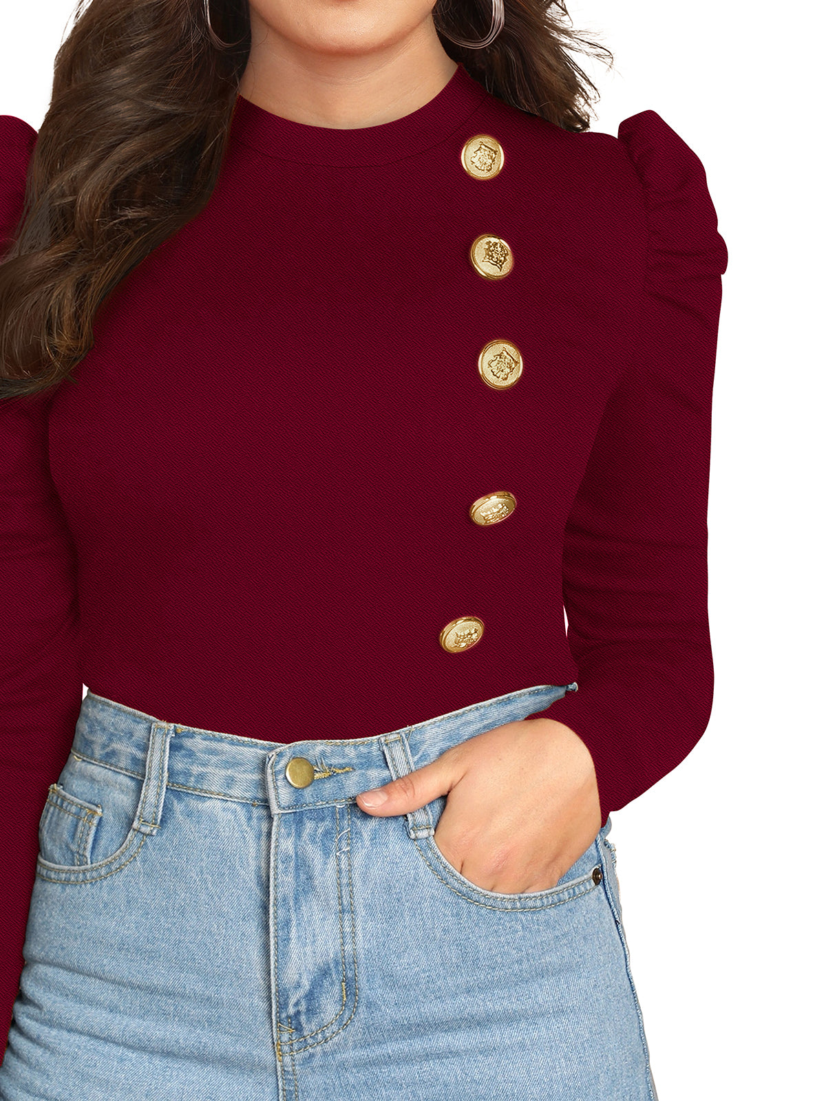 Puff Sleeves Gold Button Top PBH 116 - Maroon