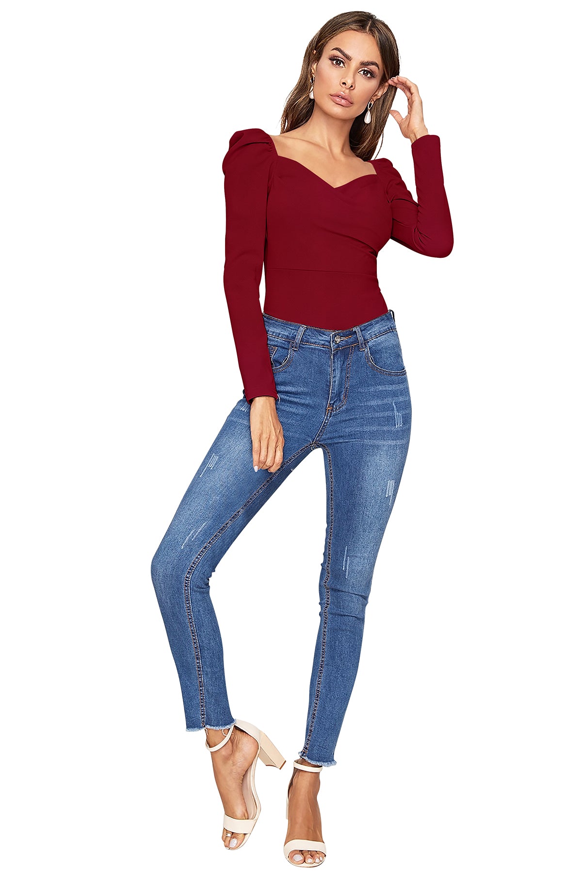 Women's V-Neck T-Shirt | Maroon | Full Sleeves