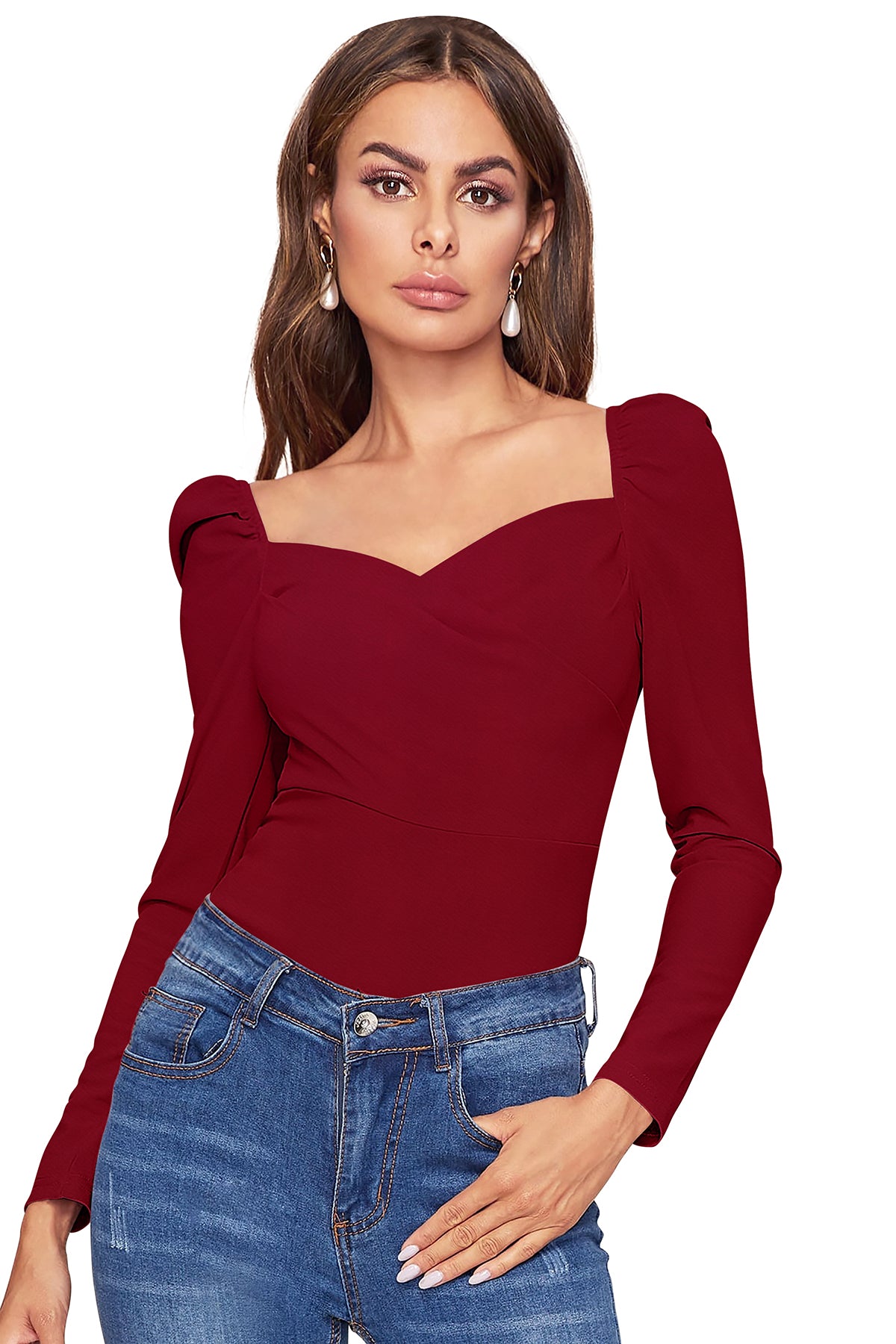 Women's V-Neck T-Shirt | Maroon | Full Sleeves