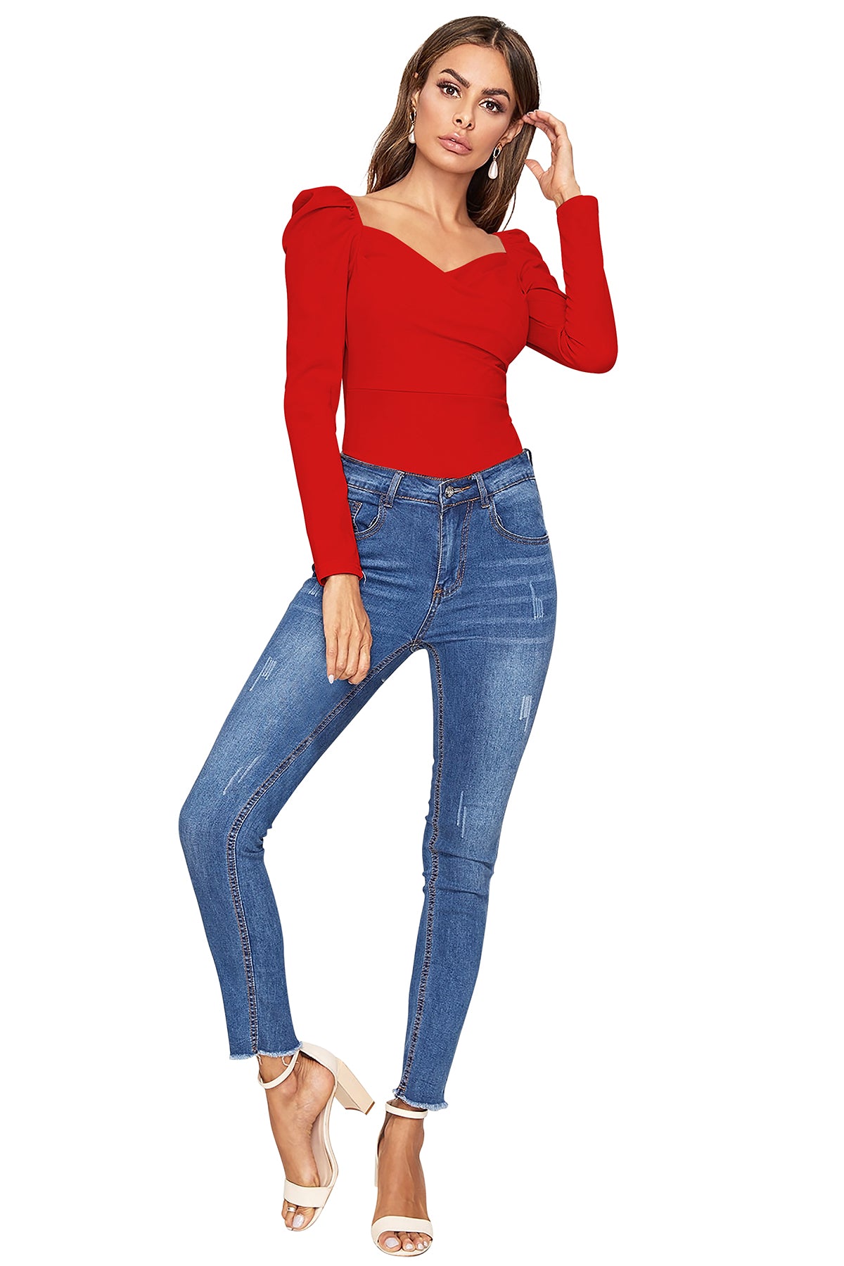 Women's V-Neck T-Shirt | Red | Full Sleeves