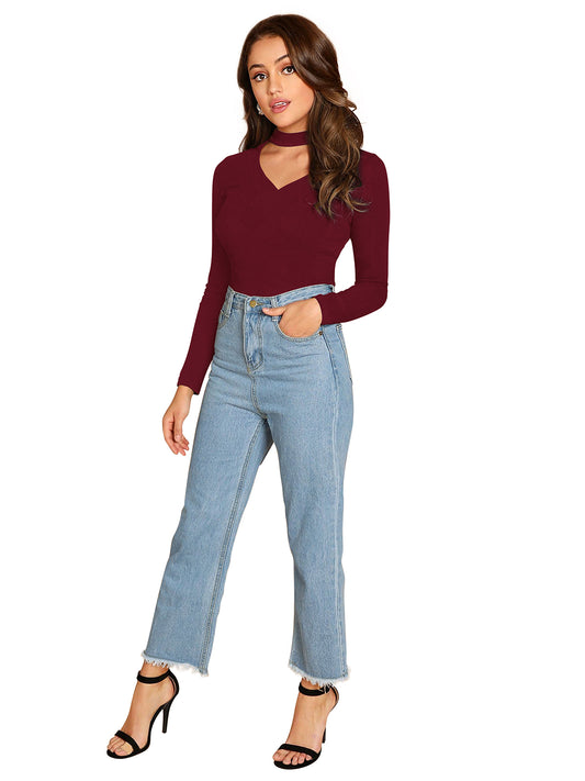Full Sleeves Choker Neck T-Shirt 5181 - Maroon