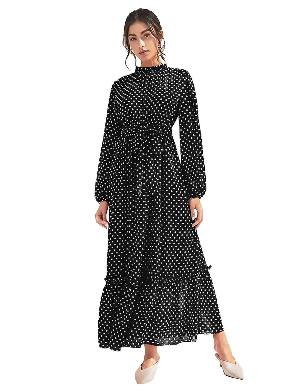 Polka Dot Ruffle Maxi Dress 5491 - Black