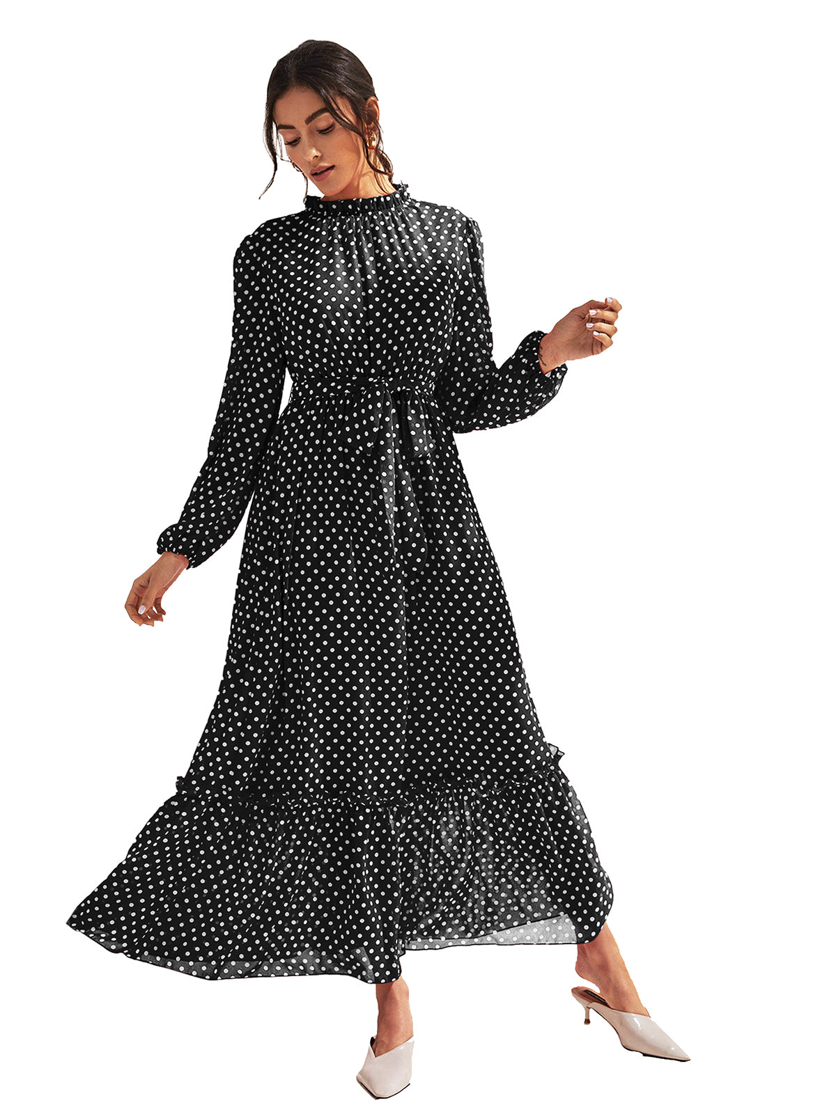 Polka Dot Ruffle Maxi Dress 5491 - Black