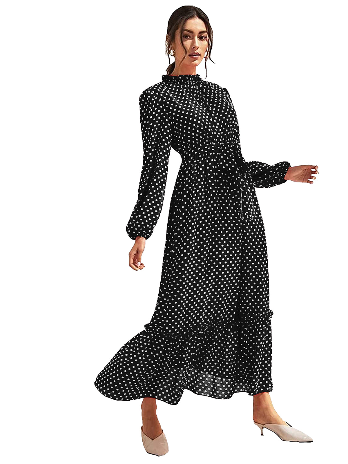 Polka Dot Ruffle Maxi Dress 5491 - Black