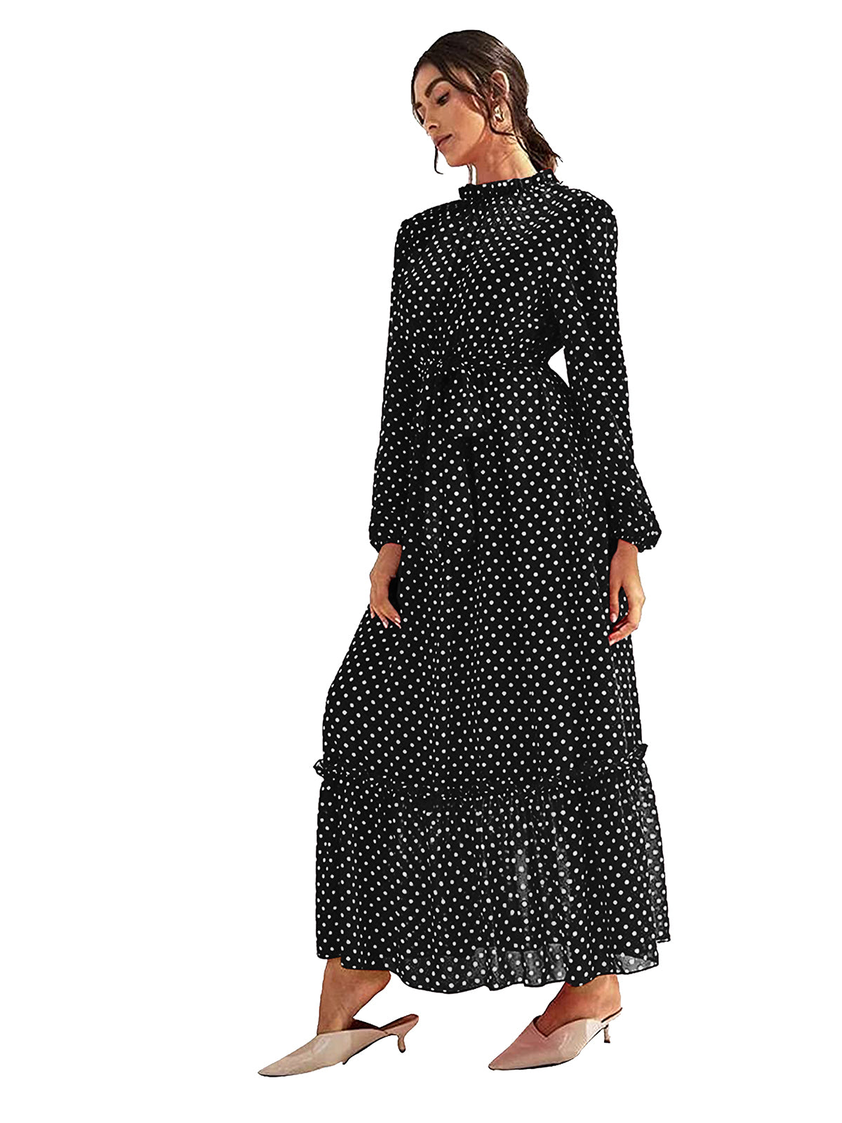 Polka Dot Ruffle Maxi Dress 5491 - Black