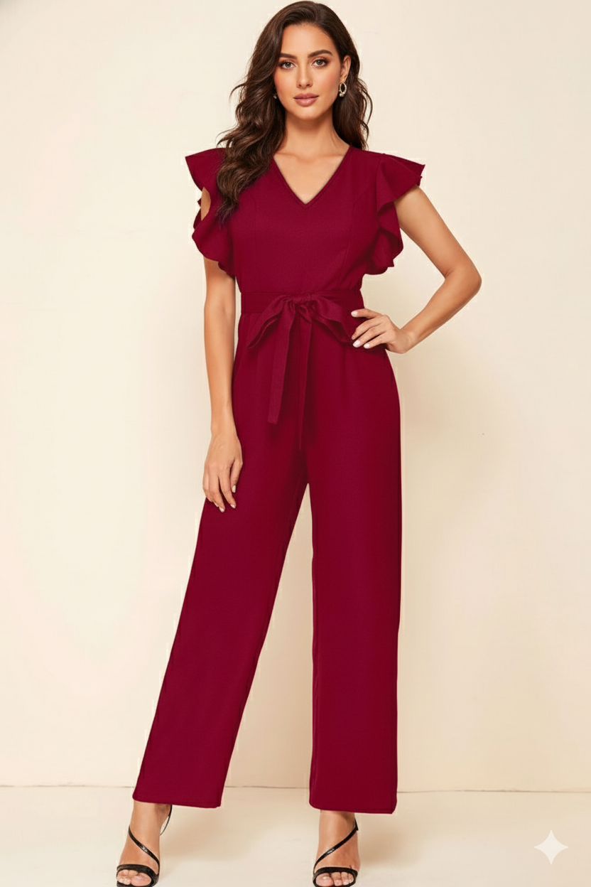 Ruffle Sleeve Belted Jumpsuit 5741 - Maroon