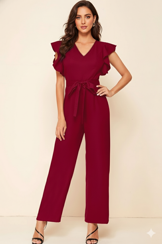 Ruffle Sleeve Belted Jumpsuit 5741 - Maroon
