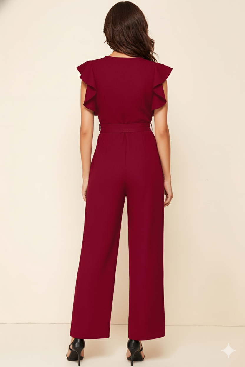 Ruffle Sleeve Belted Jumpsuit 5741 - Maroon