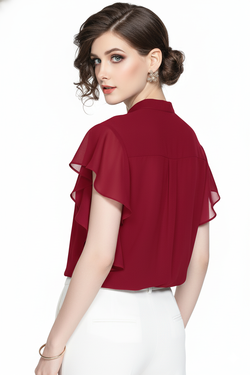 Ruffle Sleeve Georgette Shirt 8761 - Maroon