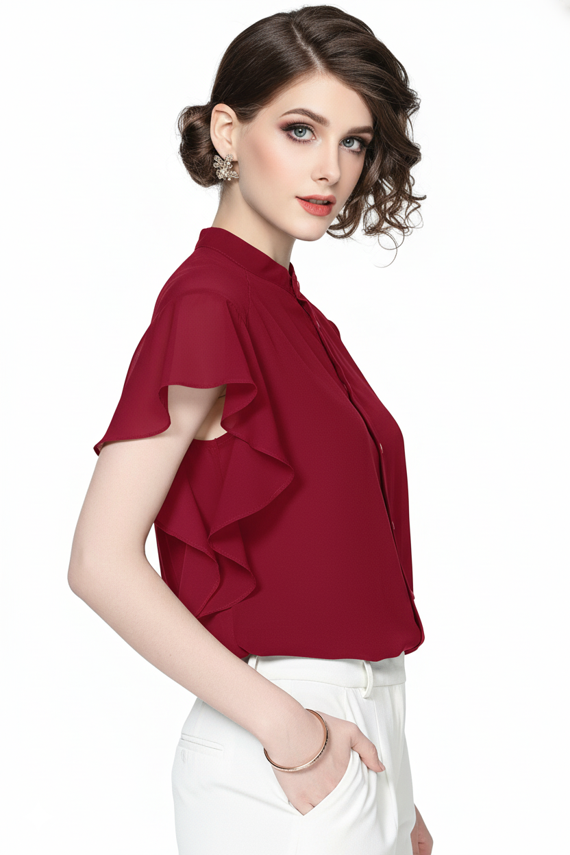 Ruffle Sleeve Georgette Shirt 8761 - Maroon