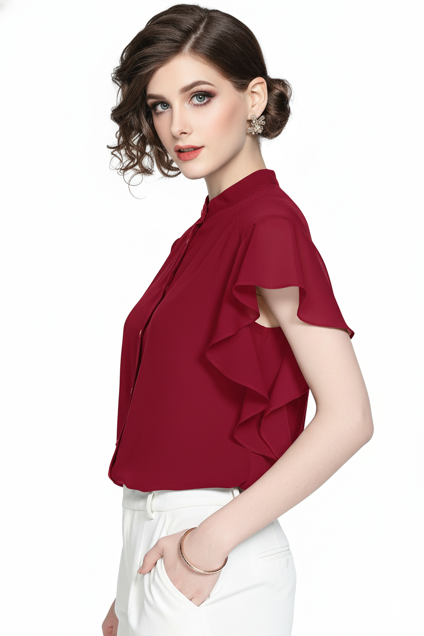 Ruffle Sleeve Georgette Shirt 8761 - Maroon