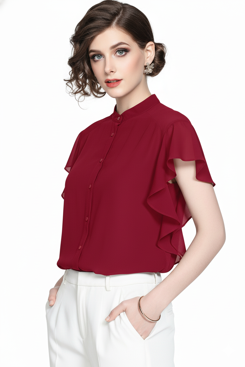 Ruffle Sleeve Georgette Shirt 8761 - Maroon