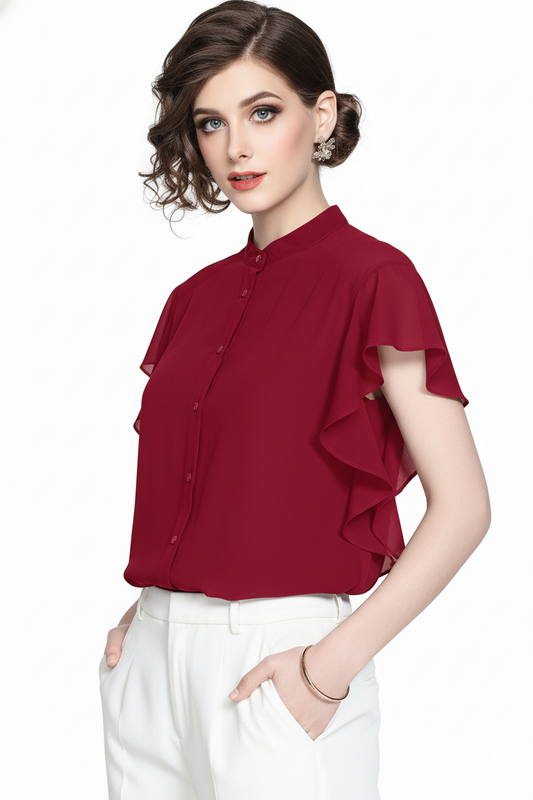 Ruffle Sleeve Georgette Shirt 8761 - Maroon