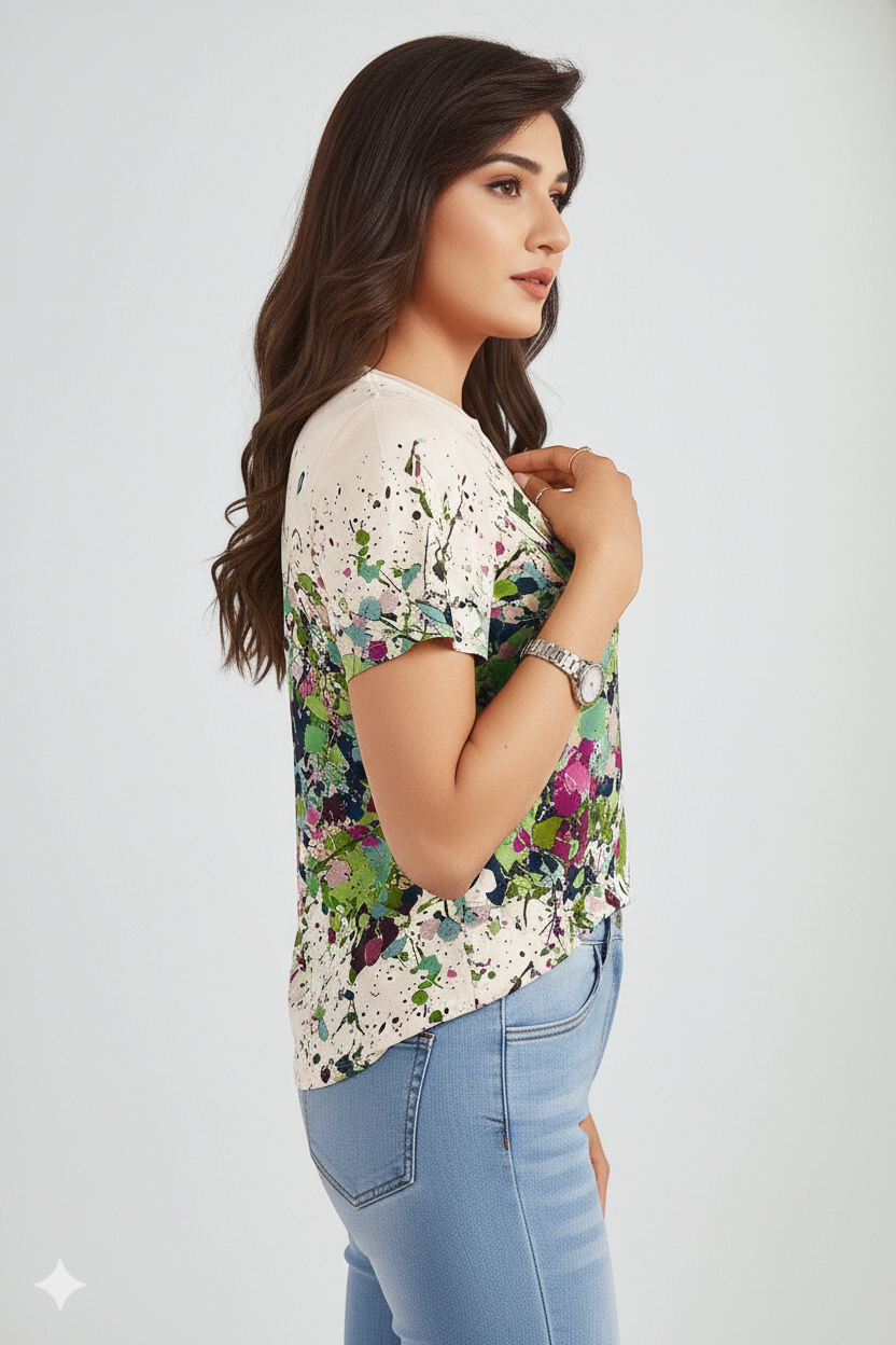 Paint Splash Print T-Shirt 8791 - Green Multi