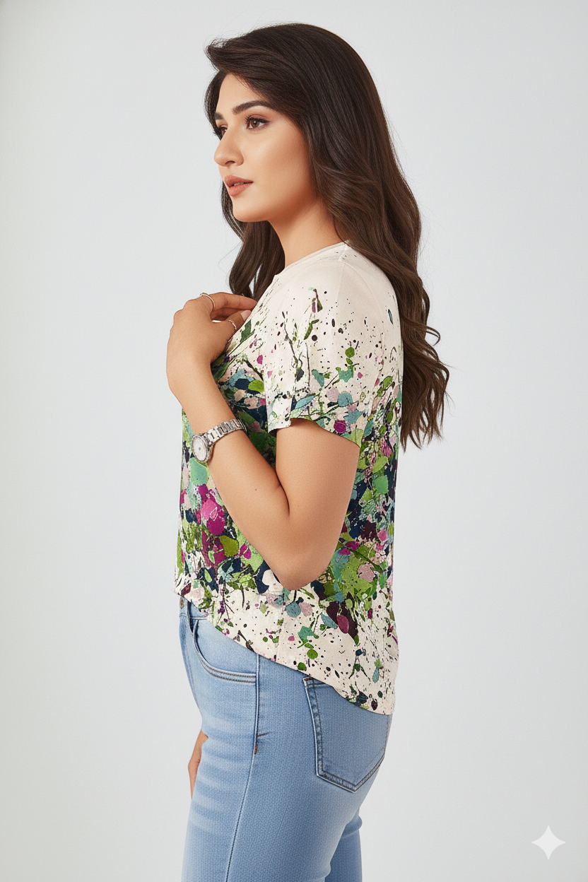 Paint Splash Print T-Shirt 8791 - Green Multi