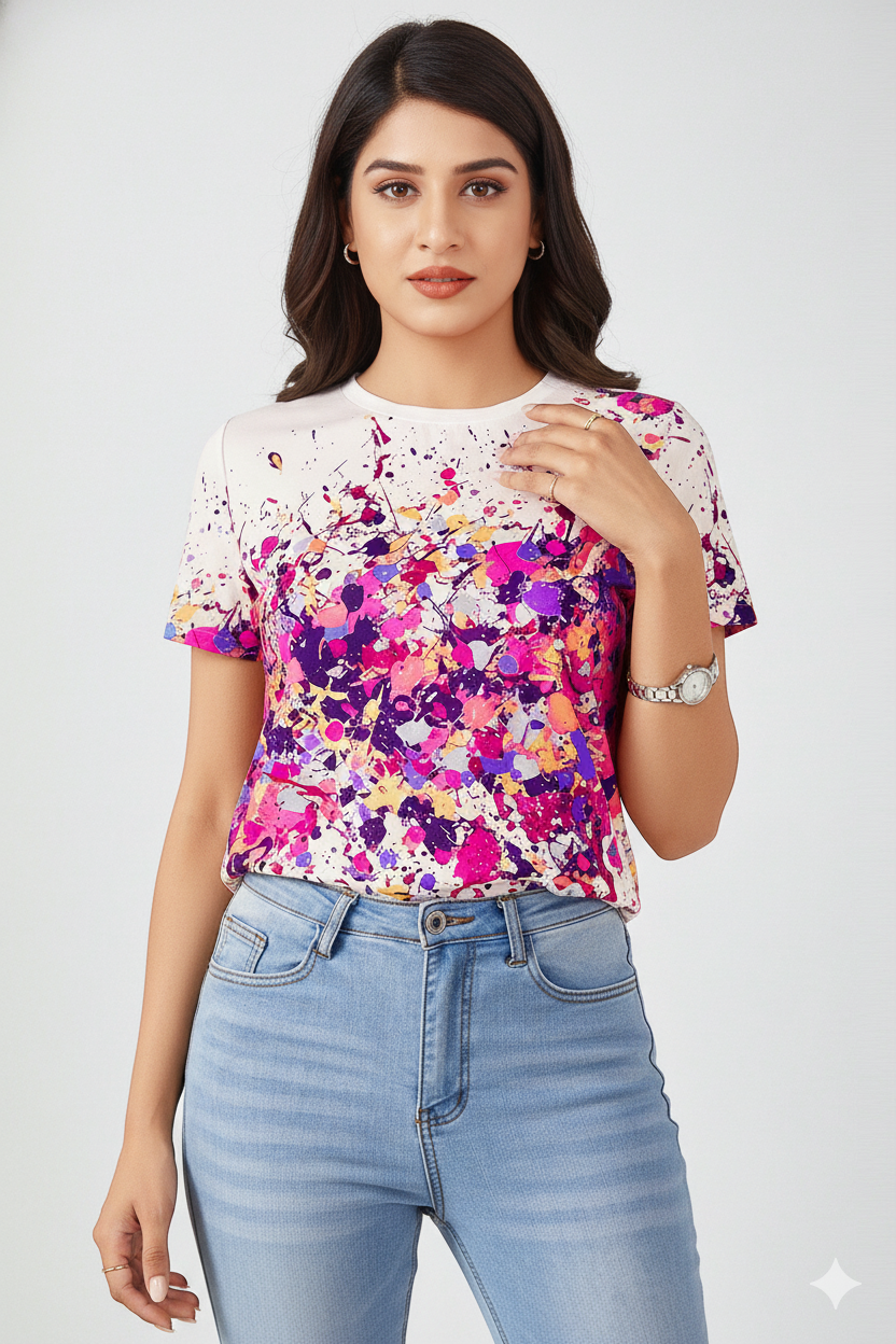 Paint Splash Print T-Shirt 8791 - Pink Multi