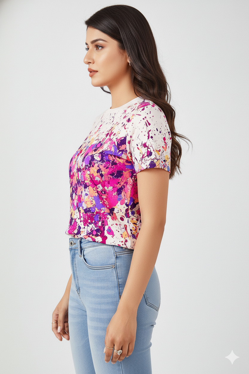 Paint Splash Print T-Shirt 8791 - Pink Multi