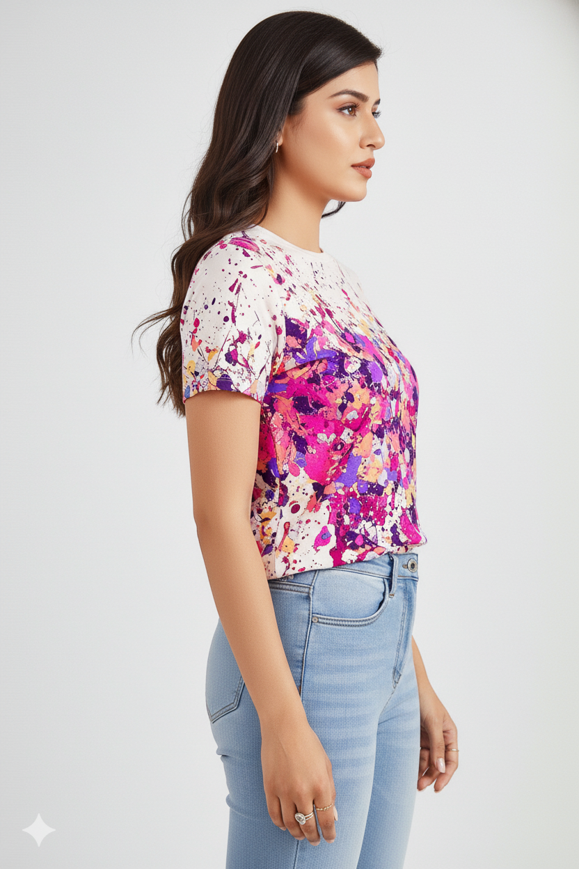 Paint Splash Print T-Shirt 8791 - Pink Multi