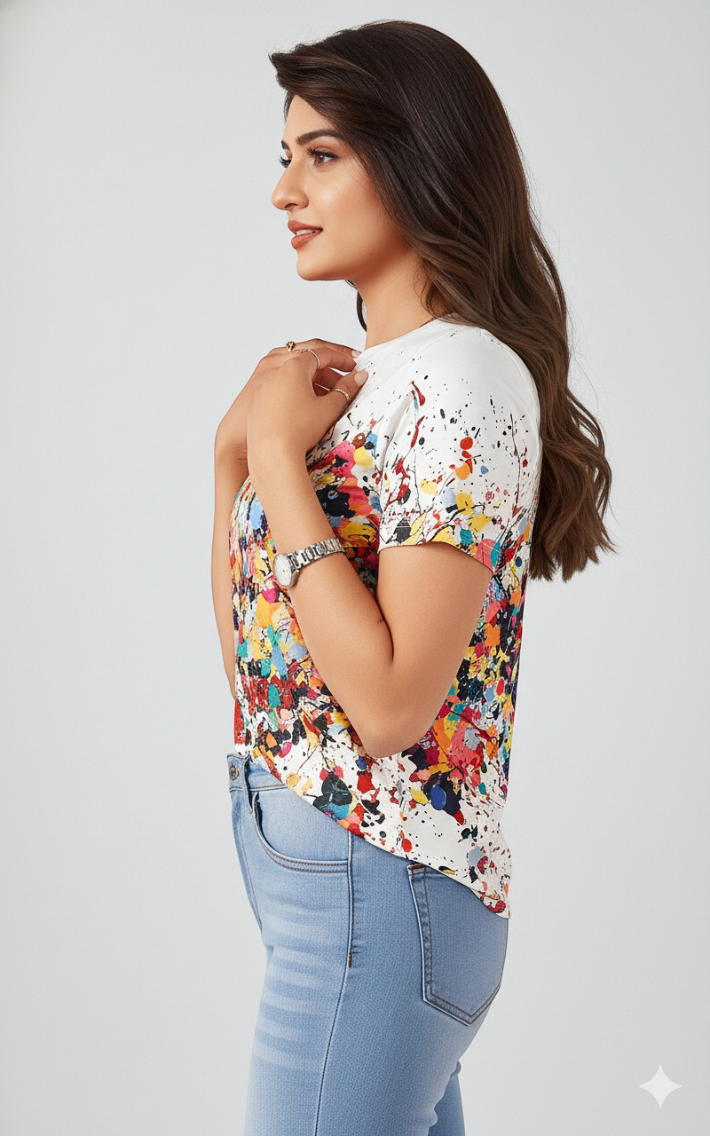 Paint Splash Print T-Shirt 8791 - Red Multi
