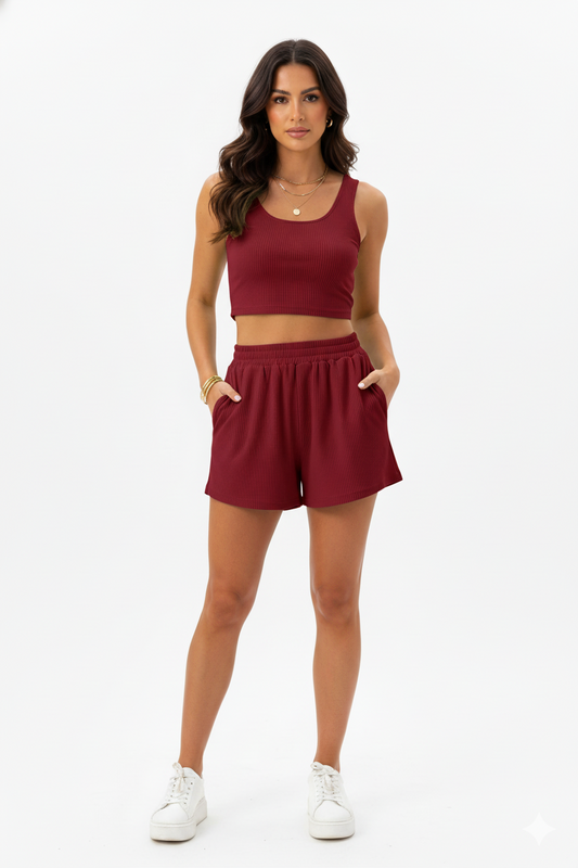 Ribbed Crop Top & Shorts Cord Set 9051 - Maroon