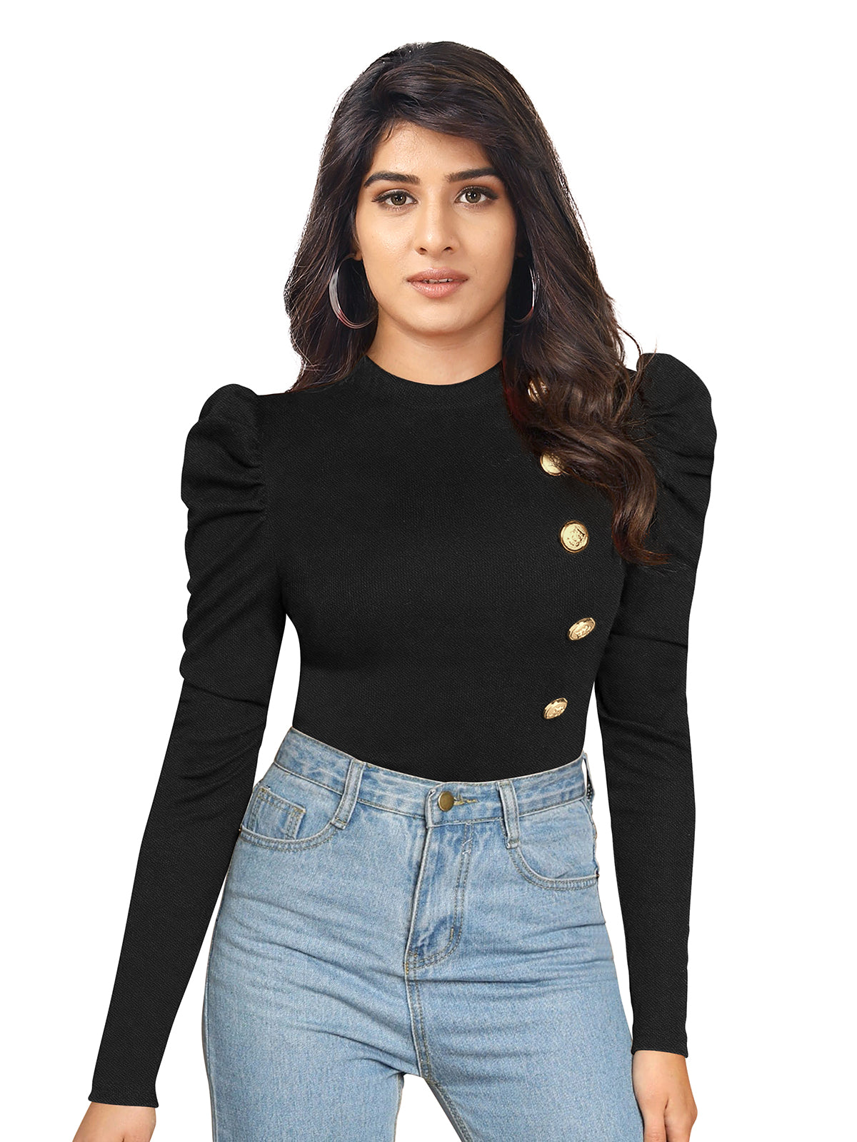 Puff Sleeves Gold Button Top PBH 116 - Black