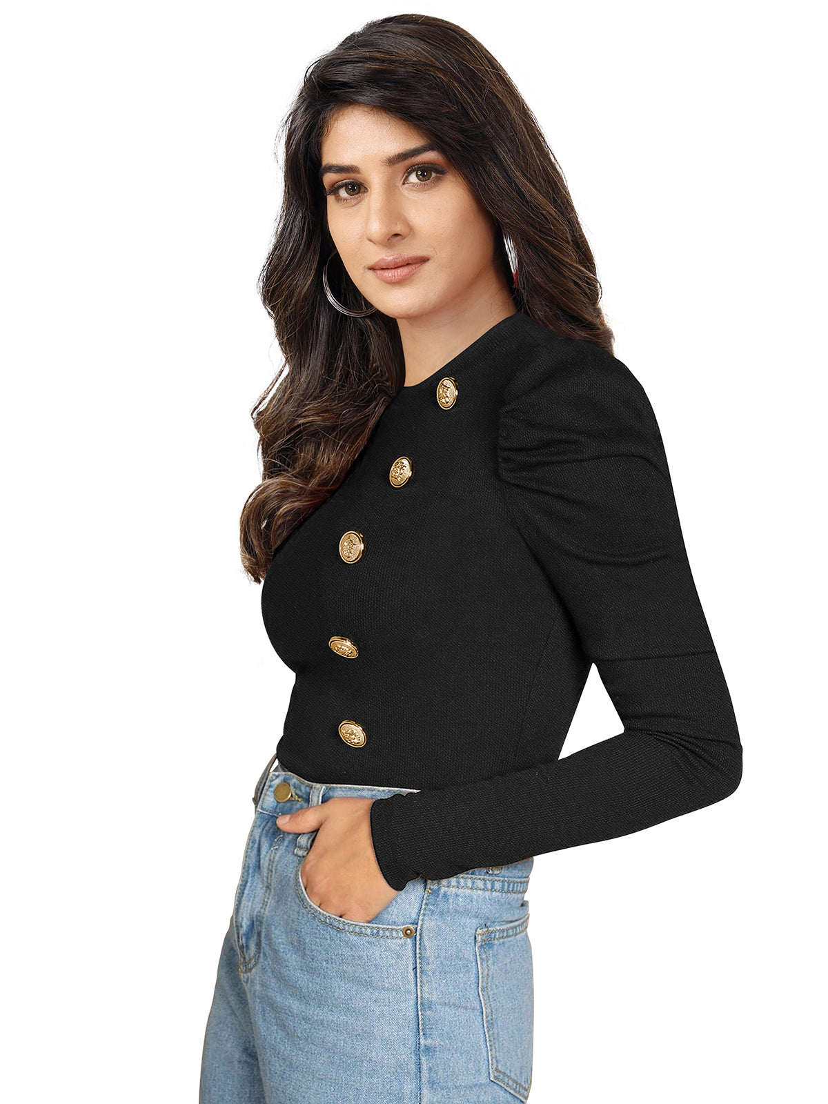 Puff Sleeves Gold Button Top PBH 116 - Black