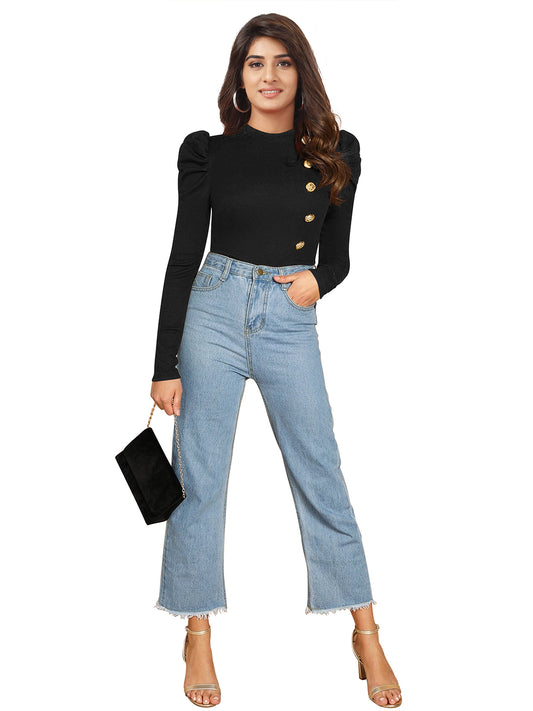 Puff Sleeves Gold Button Top PBH 116 - Black