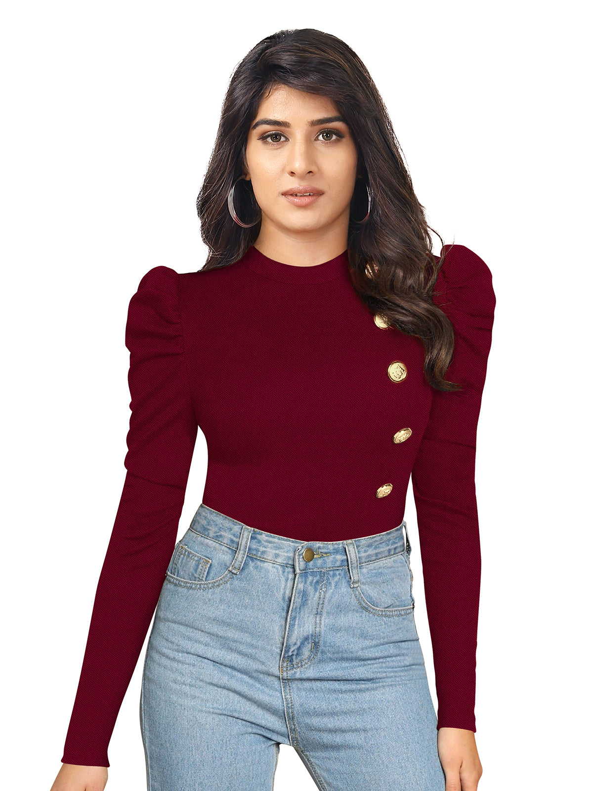 Puff Sleeves Gold Button Top PBH 116 - Maroon