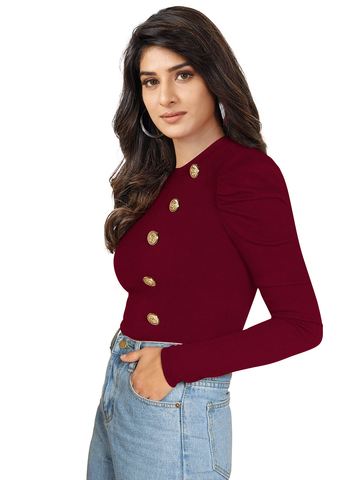 Puff Sleeves Gold Button Top PBH 116 - Maroon