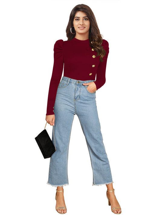 Puff Sleeves Gold Button Top PBH 116 - Maroon