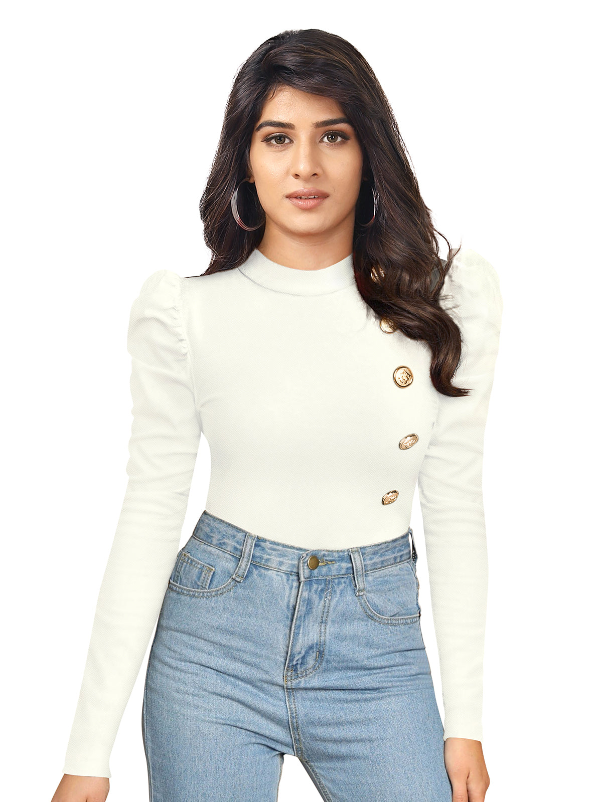 Puff Sleeves Gold Button Top PBH 116 - White