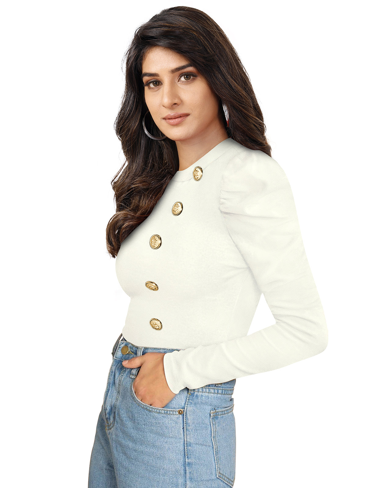 Puff Sleeves Gold Button Top PBH 116 - White