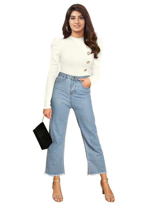 Puff Sleeves Gold Button Top PBH 116 - White